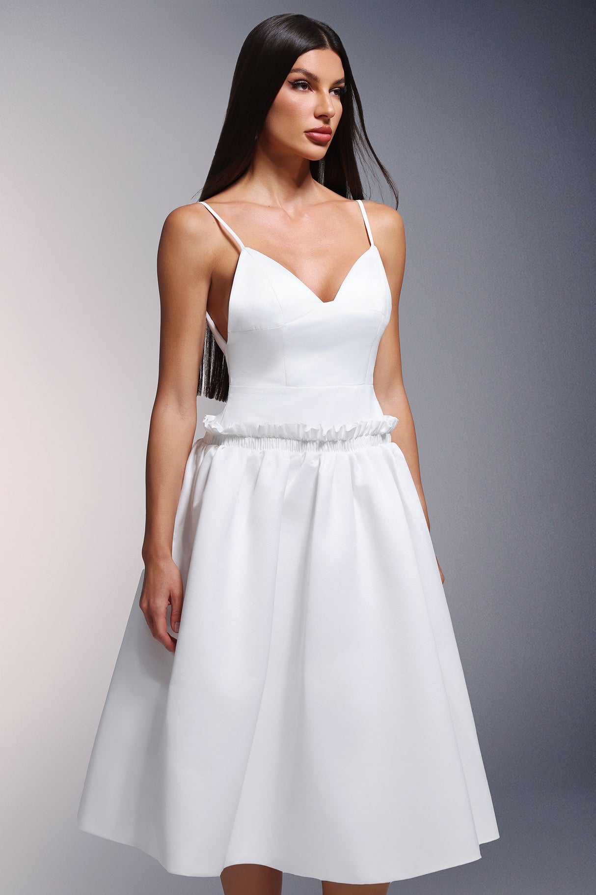 White Tutti Deep-V Fold Falbala Midi Dress