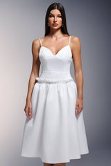 White Tutti Deep-V Fold Falbala Midi Dress