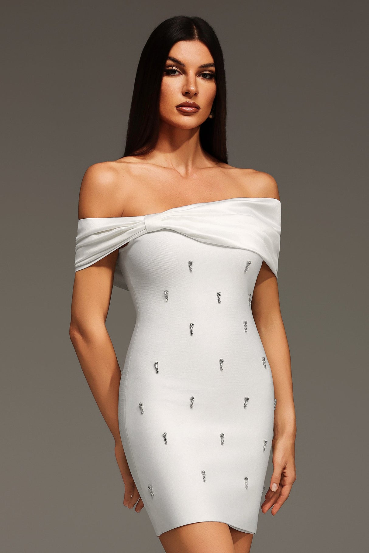 White Verney Off The Shoulder Bow Diamond Bandage Mini Dress