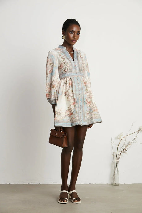 Willa Mini Dress Romantic Blue Floral V - Neck Mini - Length Button - Front