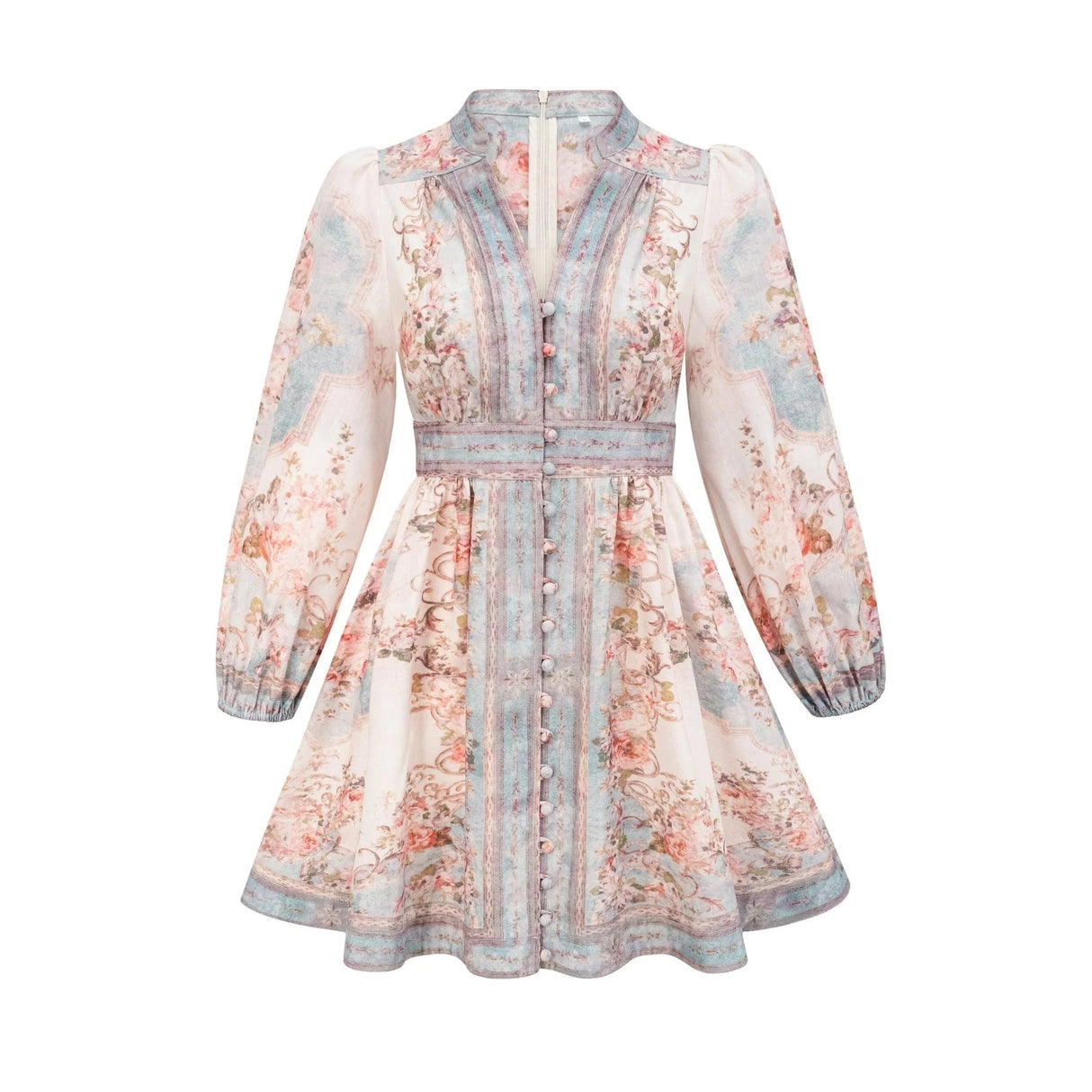 Willa Mini Dress Romantic Blue Floral V - Neck Mini - Length Button - Front