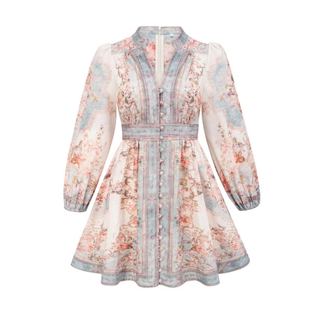 Willa Mini Dress Romantic Blue Floral V - Neck Mini - Length Button - Front