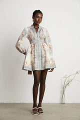 Willa Mini Dress Romantic Blue Floral V - Neck Mini - Length Button - Front