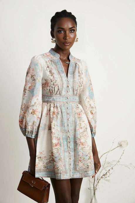 Willa Mini Dress Romantic Blue Floral V - Neck Mini - Length Button - Front