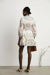 Willa Mini Dress Romantic Blue Floral V - Neck Mini - Length Button - Front