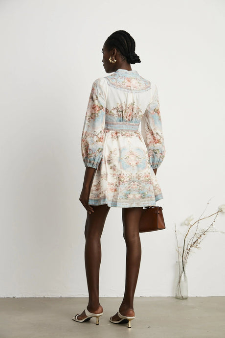 Willa Mini Dress Romantic Blue Floral V - Neck Mini - Length Button - Front