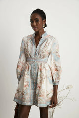 Willa Mini Dress Romantic Blue Floral V - Neck Mini - Length Button - Front