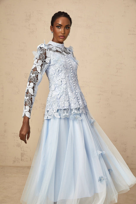 Willa Skirt & Top Set Blue Sequined Lace Butterfly Embellished