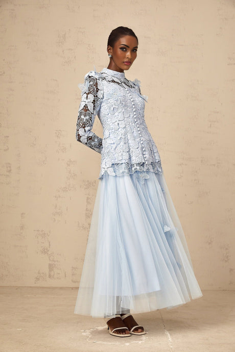 Willa Skirt & Top Set Blue Sequined Lace Butterfly Embellished