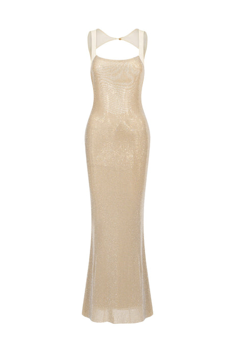 Willow Beige Backless Halter Dress with Shimmering Details