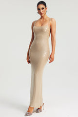 Willow Beige Backless Halter Neckline Dress with Shimmering Elements