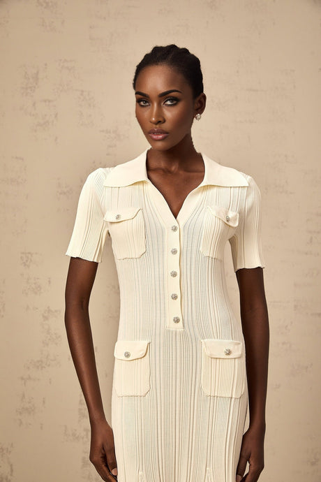 Woman wearing a beige ribbedknit midi dress with long sleeves and a slim fit silhouette standing against a neutral background