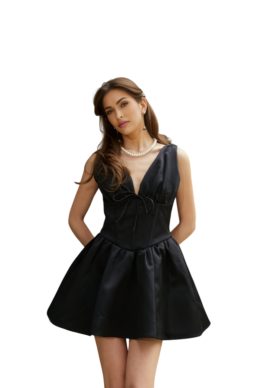 Federica Mini Dress Black V-Neck Bowknot Flared Bow Tie