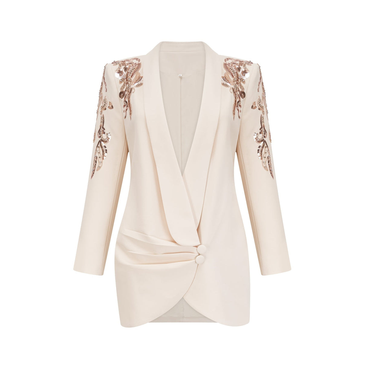 Woman wearing a blazer dress covered in shimmering sequins with embellished details
