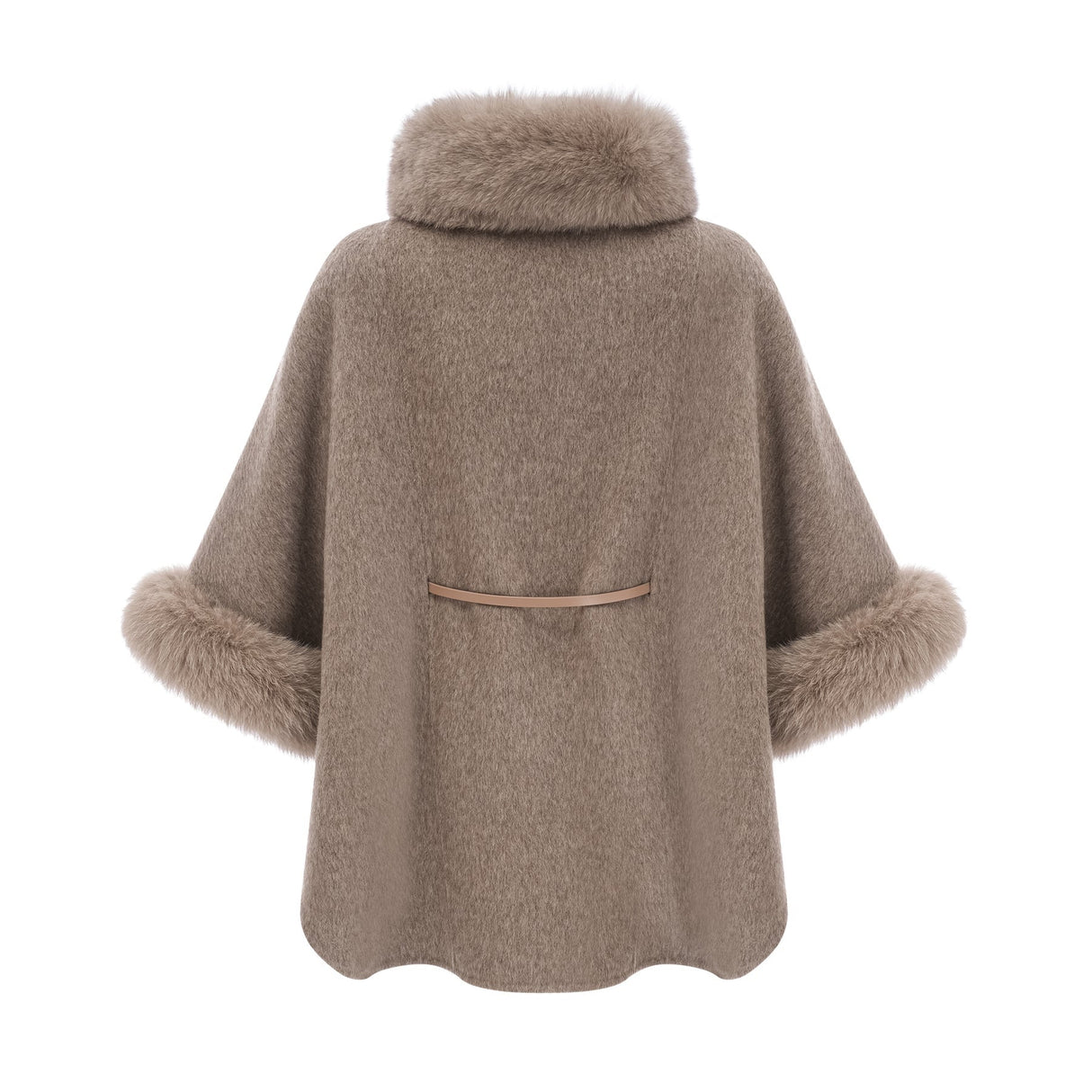 Woman wearing a brown wool cape coat with fur trim and belt cinched at the waist