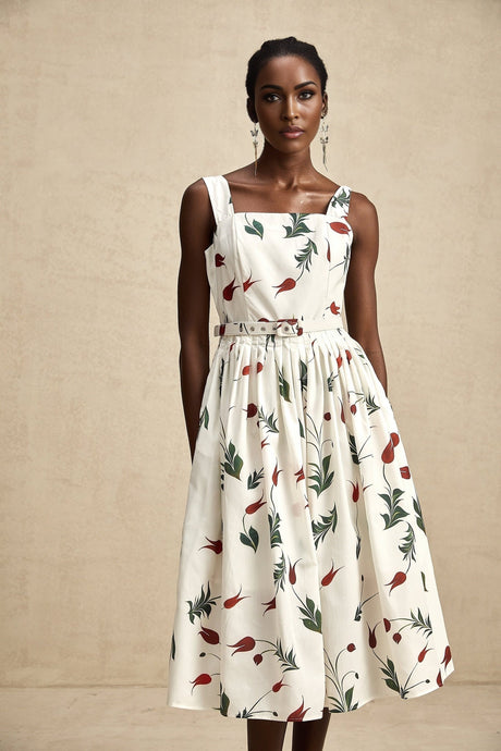 Woman wearing a floral print midi dress with a poplin fabric in light colors standing against a plain background