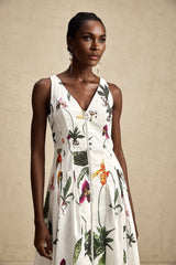 Woman wearing a floral print midi dress with vneck and poplin fabric featuring a colorful Magali design