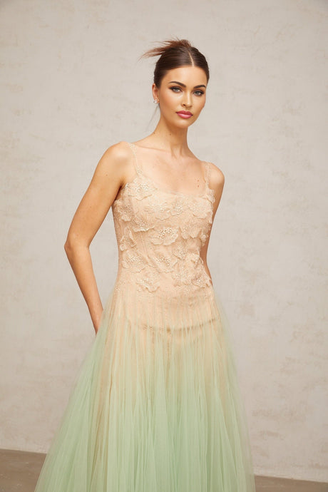 Woman wearing a green midi dress with lace panels and tulle skirt