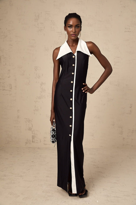 Woman wearing a long fitted maxi dress with colorblocked design featuring contrasting shades