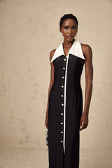 Woman wearing a long fitted maxi dress with colorblocked design in contrasting shades