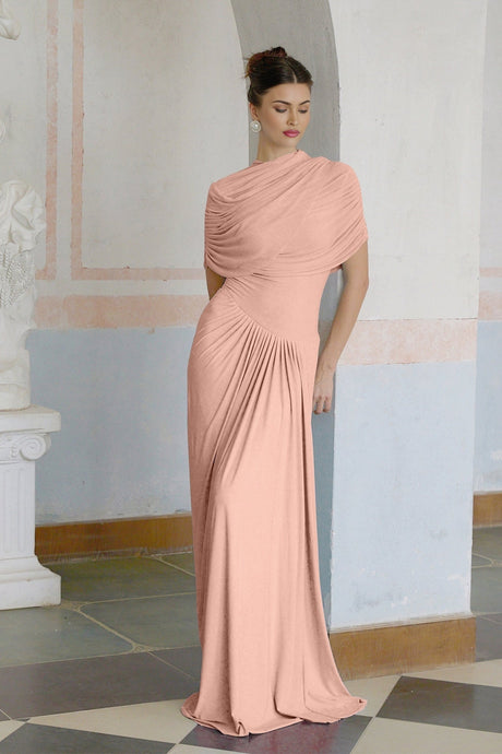 Woman wearing a long pink asymmetric pleated maxi dress with one shoulder design