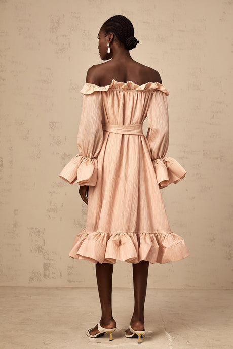 Woman wearing a pink midi dress with ruffled details and tied waist