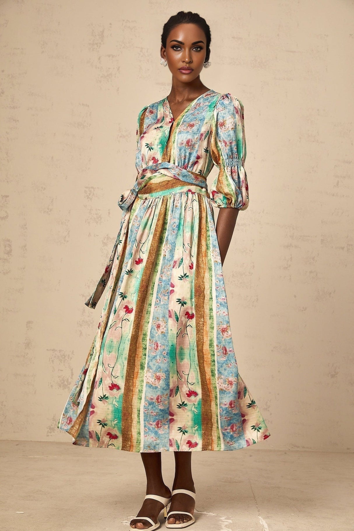 Woman wearing a red floral print wrap style midi dress with short sleeves and v neckline