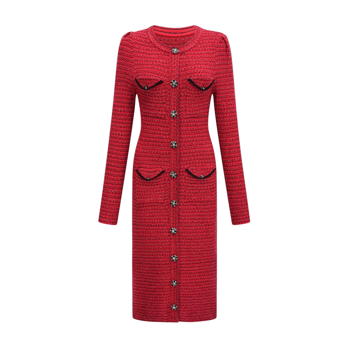 Woman wearing a red knit midi dress with embellishments standing in a neutral background