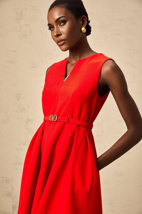 Woman wearing a red mini dress with split neckline and cinched waist