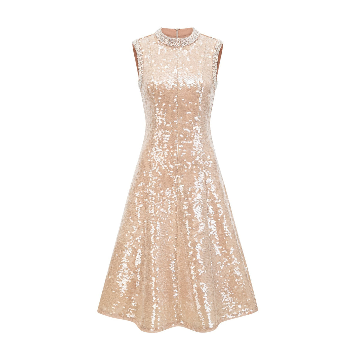 Woman wearing a shimmering midi dress adorned with faux pearls and sequins