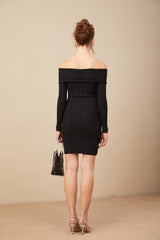Woman wearing a short offshoulder dress in ribbed knit fabric with a fitted silhouette