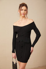 Woman wearing a short offshoulder dress with ribbed fabric texture in a fitted silhouette