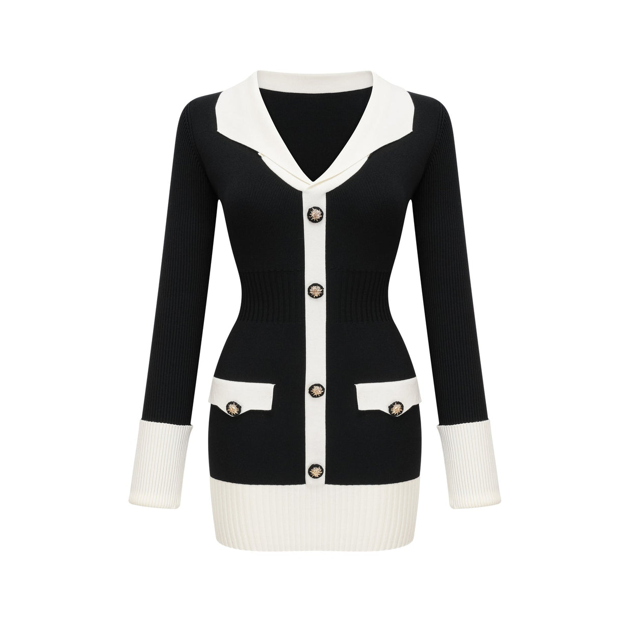 Woman wearing a short wool dress with colorblocked design and ribbed texture in contrasting shades