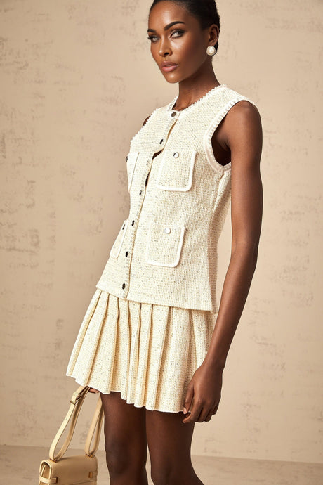 Woman wearing beige knit vest top and matching skirt with sequin embellishments Helene set