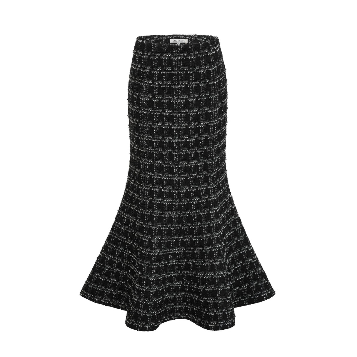 Woman wearing black and white checked tweed vest top and matching skirt set called Axelle