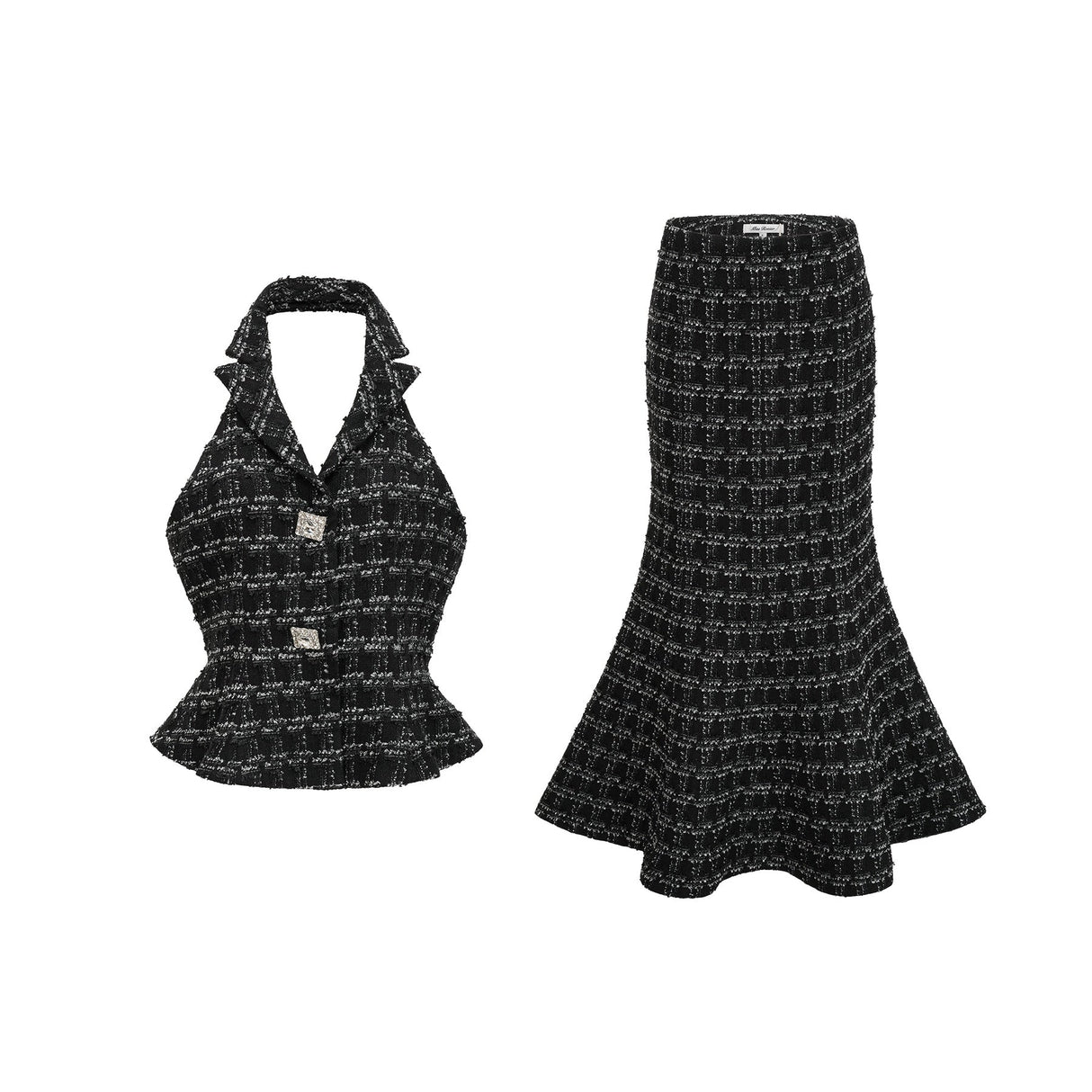Woman wearing black and white checked tweed vest top and matching skirt set named Axelle