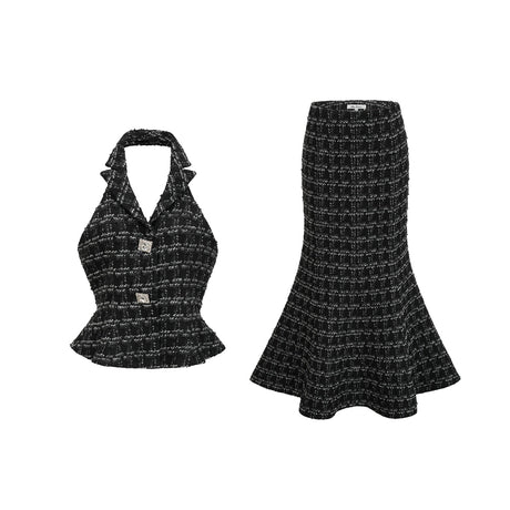 Woman wearing black and white checked tweed vest top and matching skirt set named Axelle