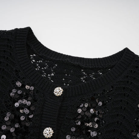 Woman wearing black sequined cardigan and matching skirt set with crochet knit pattern