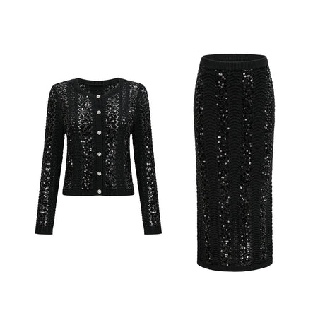 Woman wearing black sequined matching set consisting of crochet knit cardigan and skirt Ophelie design