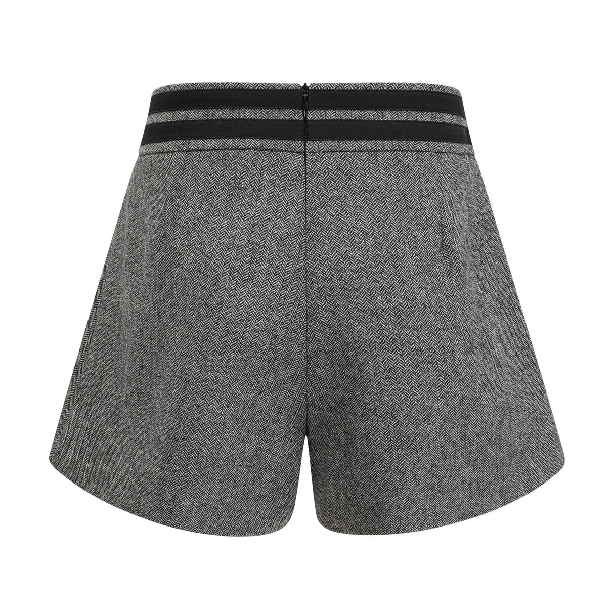 Woman wearing grey herringbone pattern matching top and shorts set