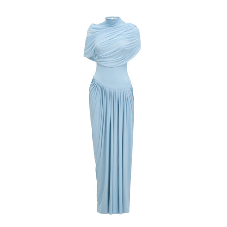 Woman wearing long asymmetric pleated maxi dress in light blue color