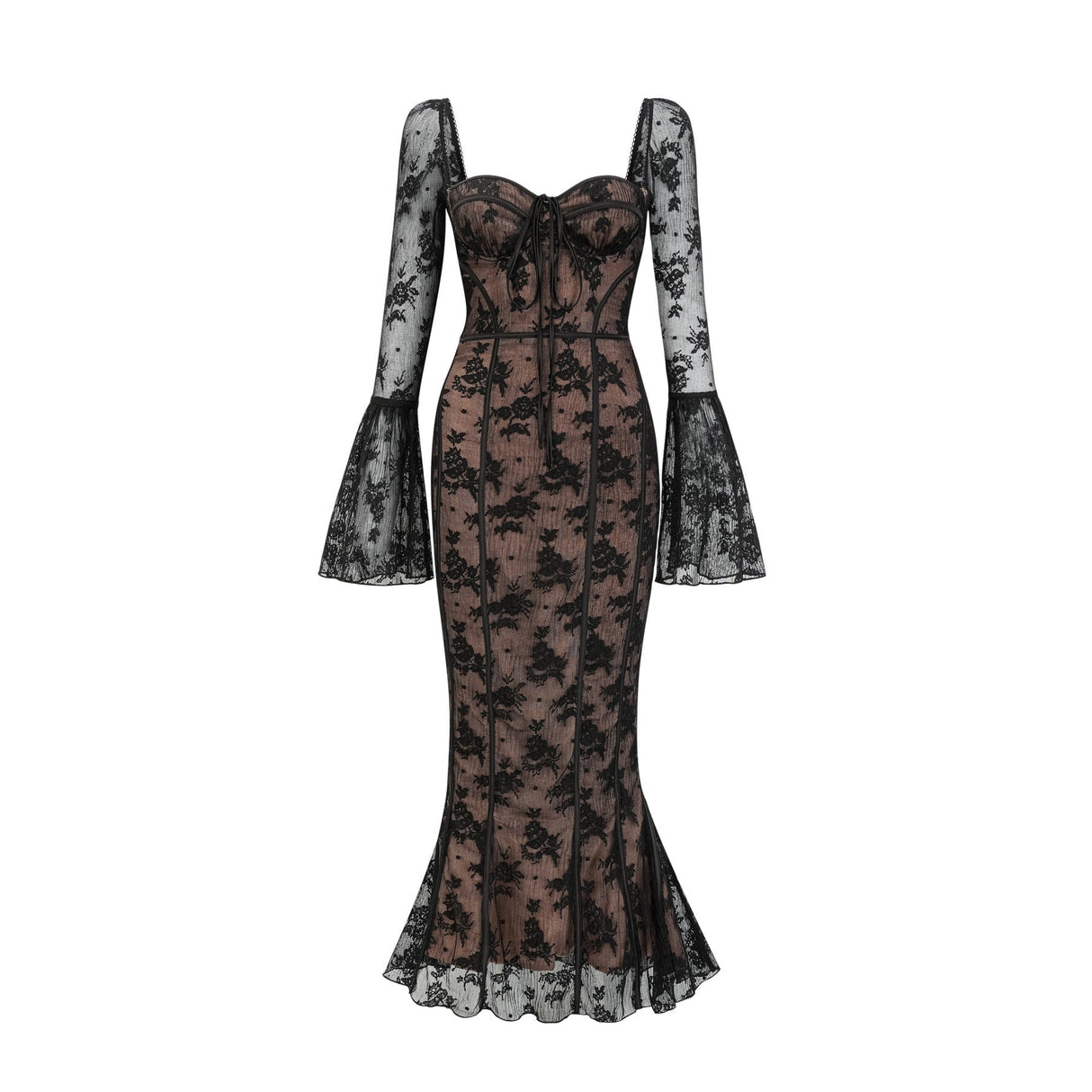 Woman wearing long black flared lace maxi dress with fitted bodice and flowing skirt