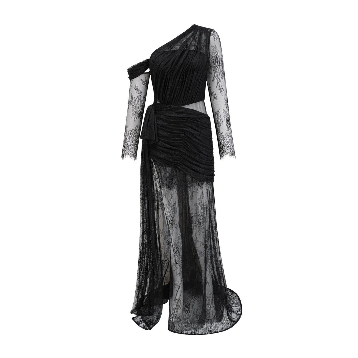 Woman wearing long black one shoulder dress with side cutout