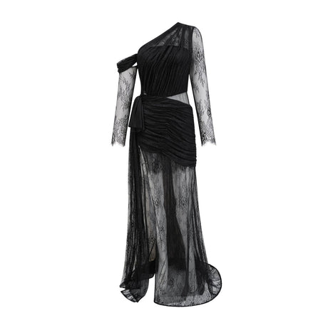 Woman wearing long black one shoulder dress with side cutout
