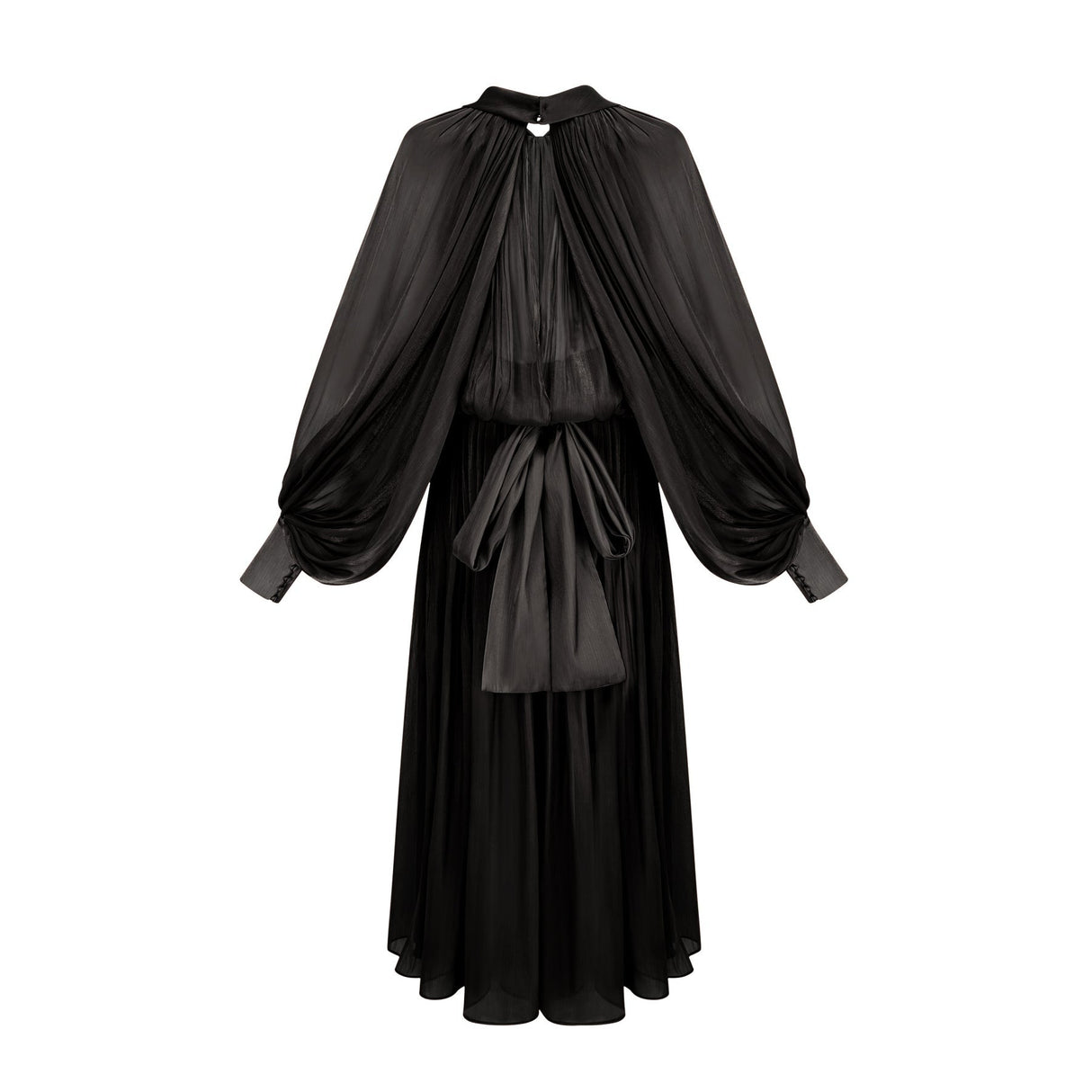 Woman wearing long black pleated satin maxi dress with flowing skirt and fitted bodice