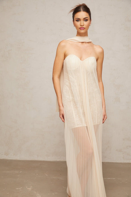 Woman wearing long pleated tulle maxi dress with ribbon design in neutral color