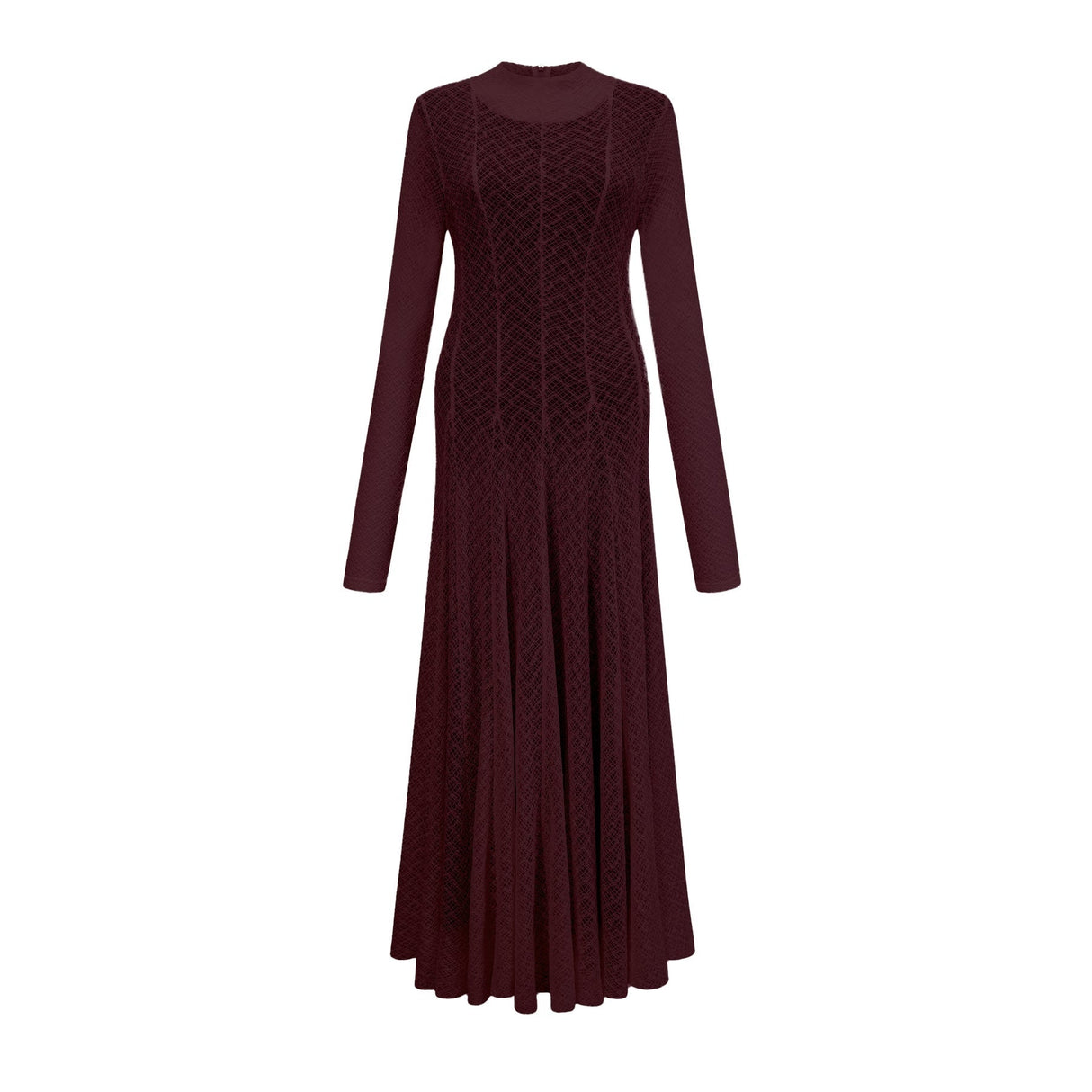 Woman wearing long red lace maxi dress with wavy pattern and flowing silhouette