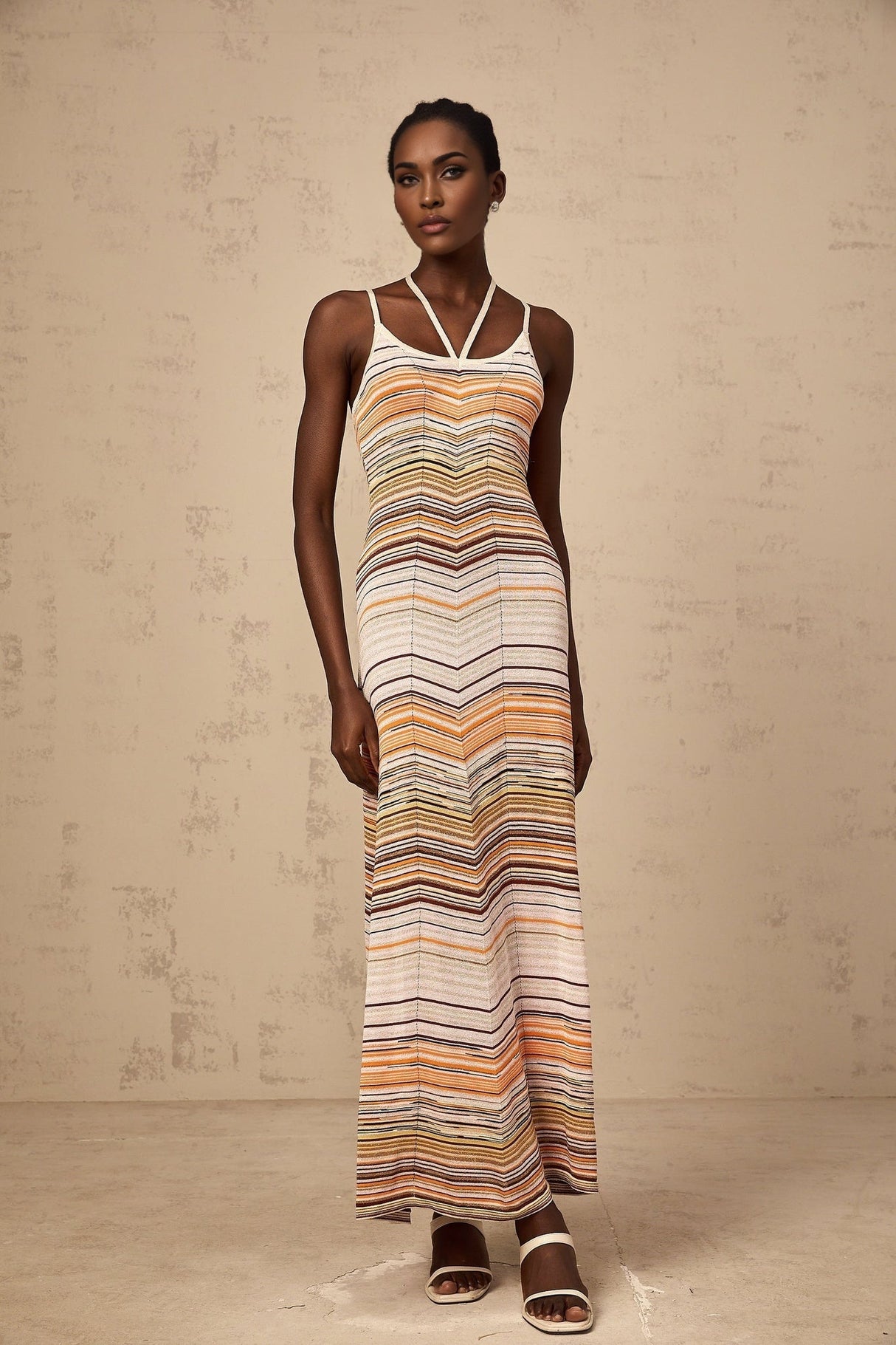 Woman wearing long striped knit maxi dress with multicolored horizontal stripes in pastel shades standing against neutral background