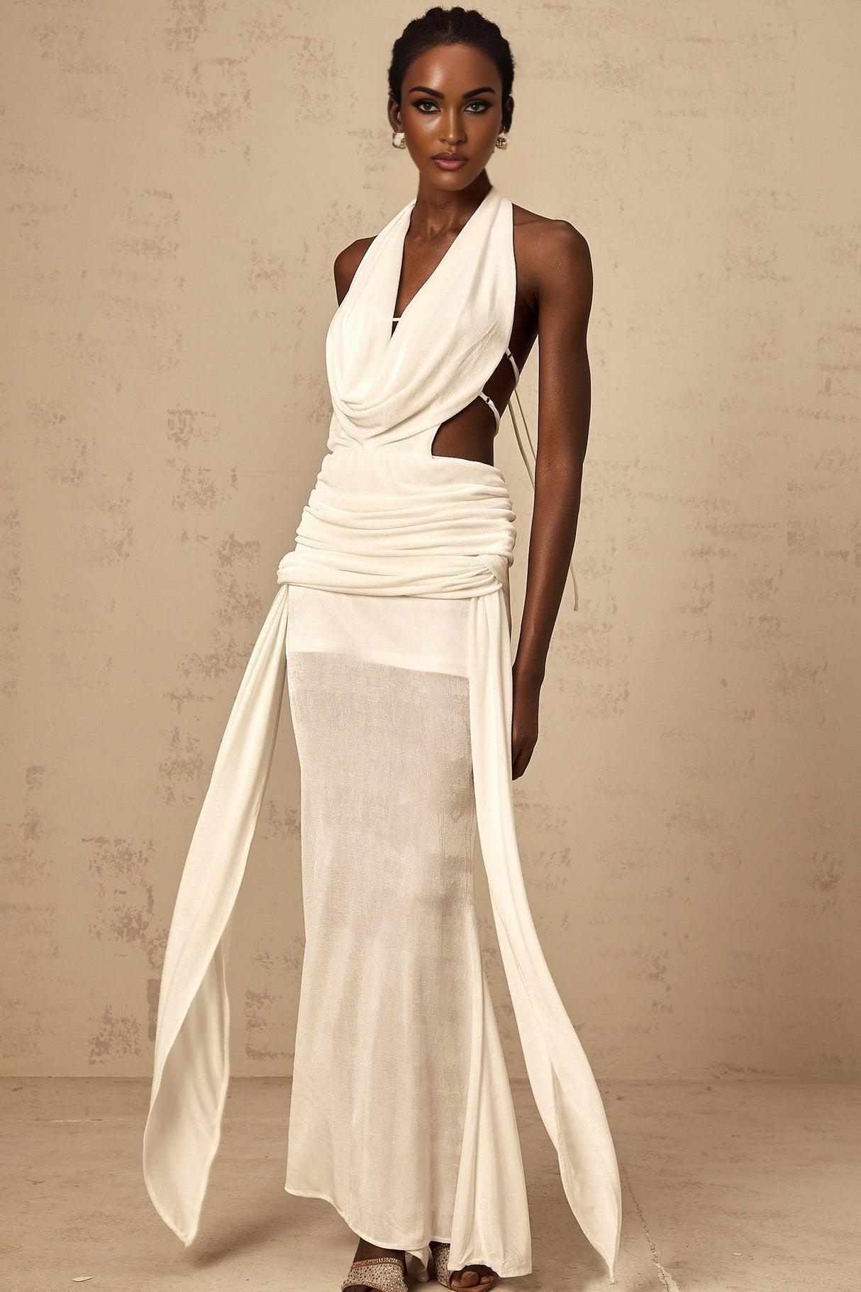 Woman wearing long white halterneck maxi dress with open back standing in sunlit outdoor setting