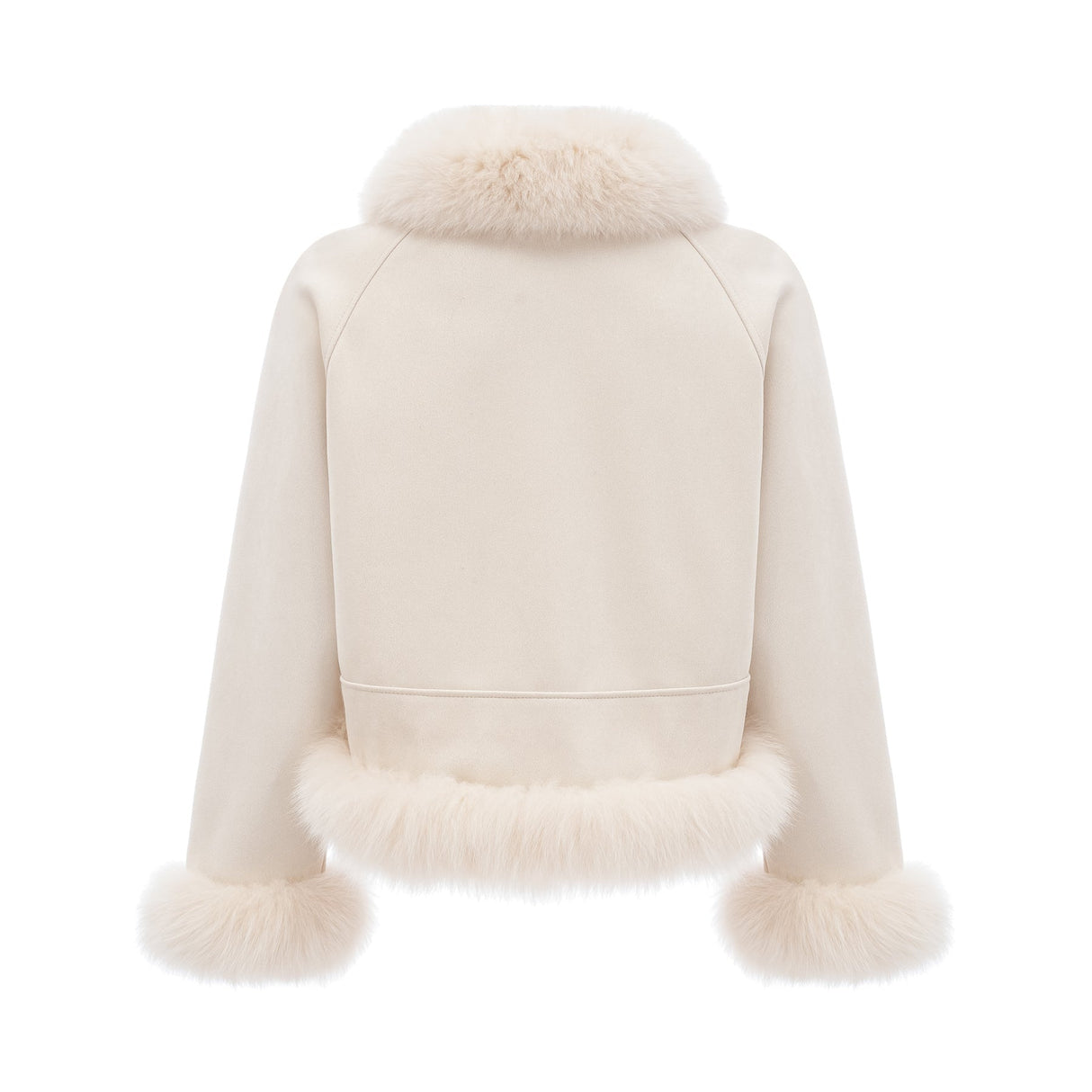 Woman wearing white suede short coat with fur trim and padded design standing against plain background